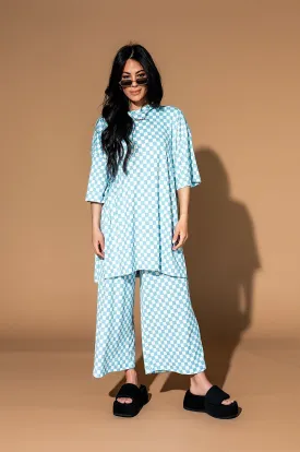 Lex Ribbed Checkerboard Playsuit in Blue Skies