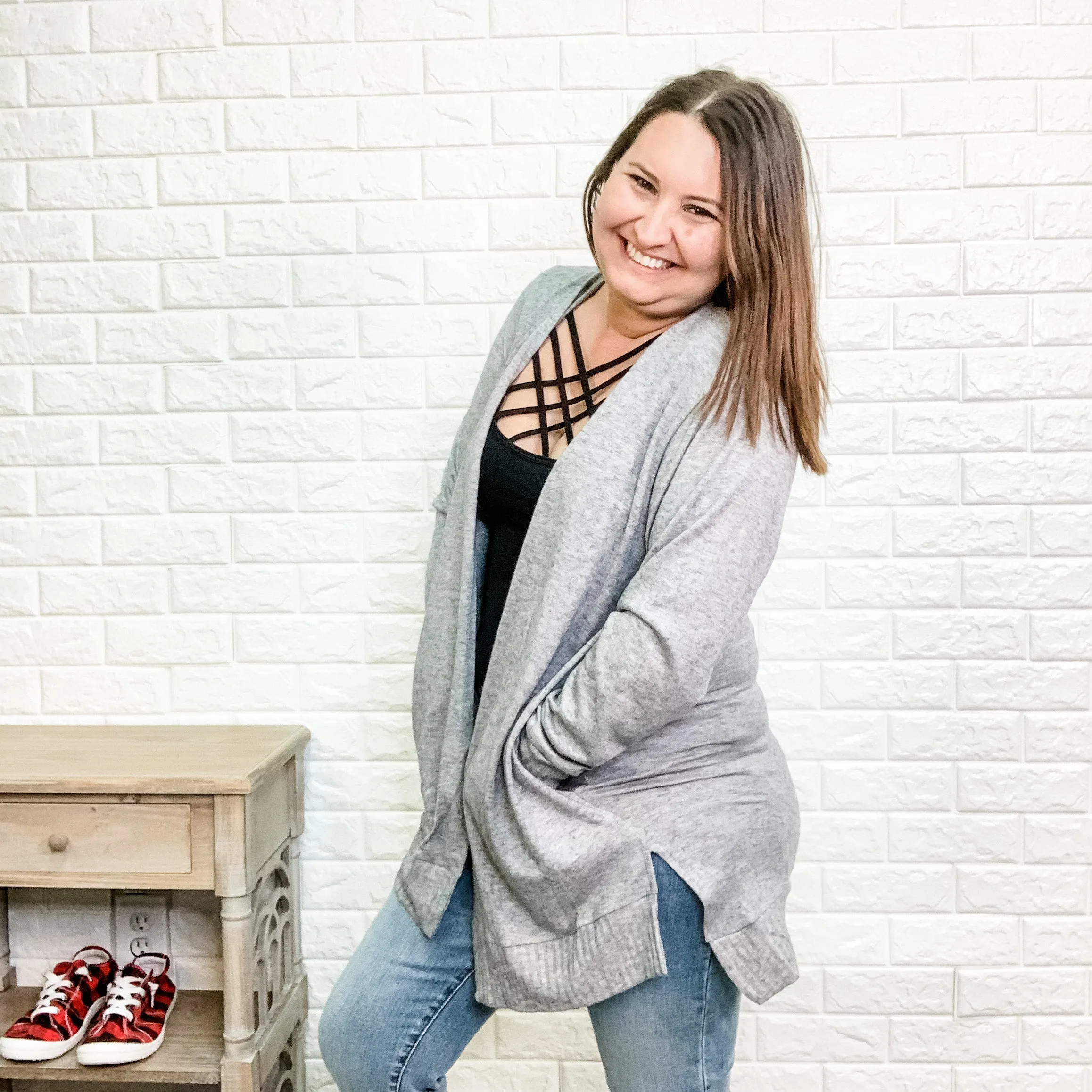 "Just in Case" Ribbed Cuff & Hem Cardigan (Grey)