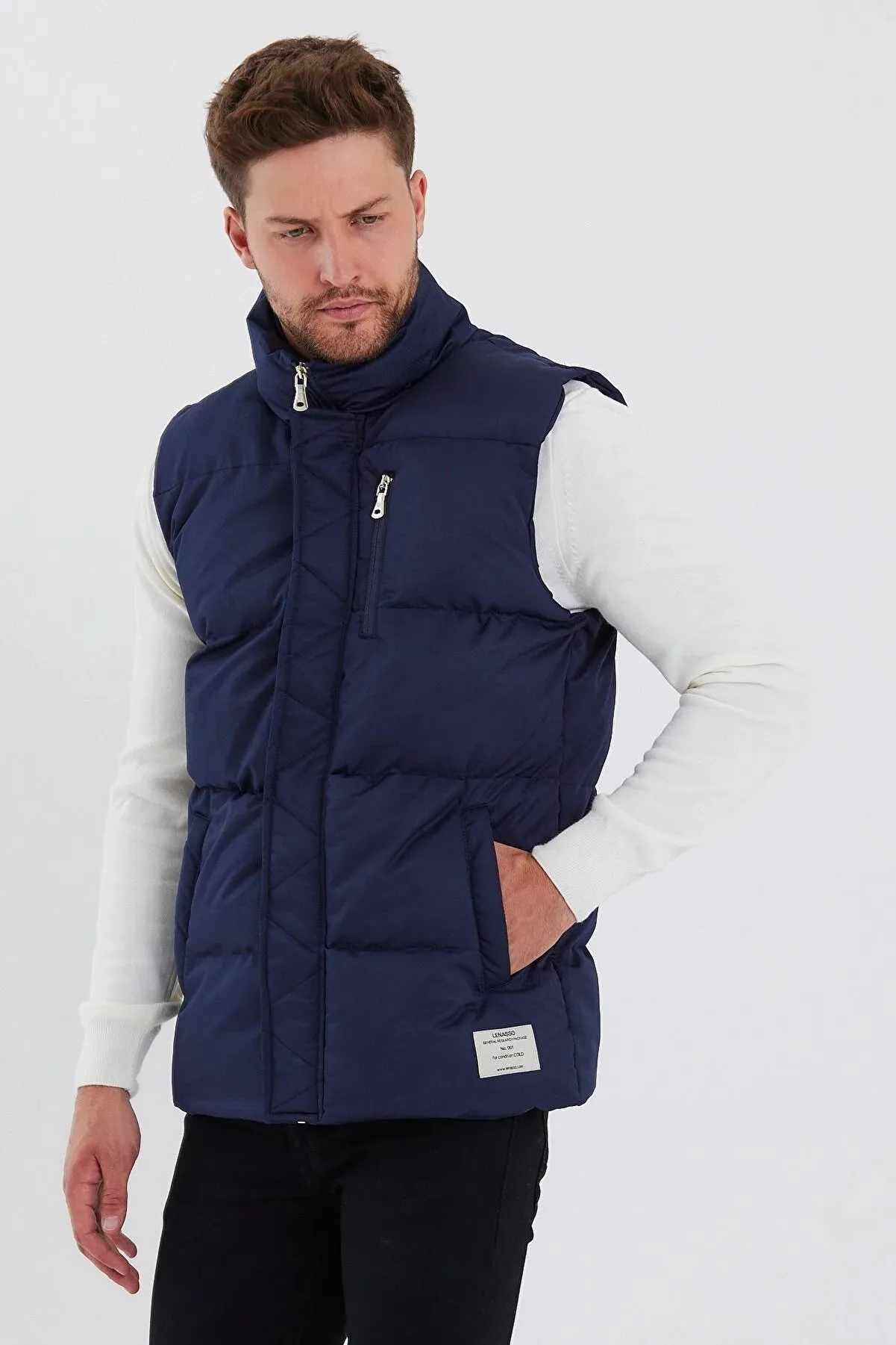 Weyeze Men's Navy Blue Stand Collar Puffer Vest